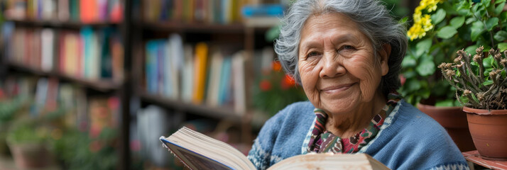 a Hispanic retired woman participating in a neighborhood book swap