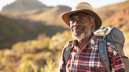 an African American retired man hiking in the mountains