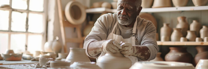 an African American retired man participating in a pottery class