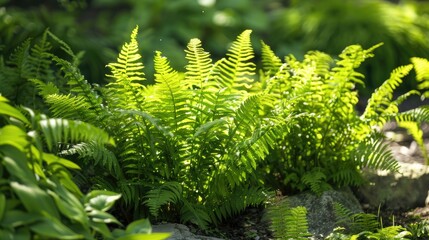 Fern plants thriving in a home garden captured on a bright day