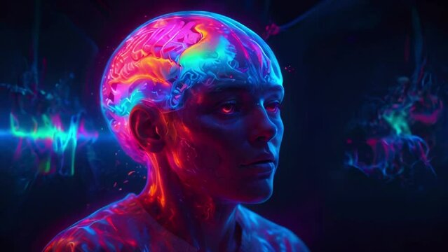 This video shows a man's head with a glowing, rainbow-colored brain.