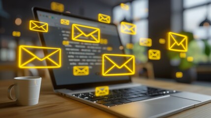 Minimalist geometric envelopes on laptop screen displaying email list for efficient organization