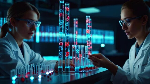 Two scientists in lab coats are working in a lab. They are looking at test tubes filled with a red liquid