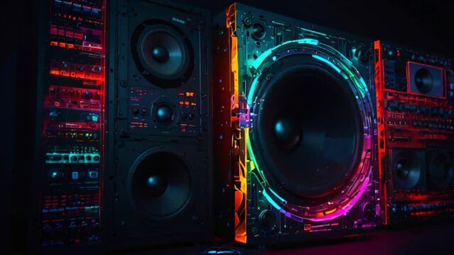 The video is of a dark-colored stereo system with glowing, rainbow-colored lights on the speakers.