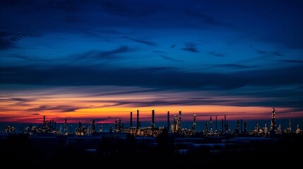 A dramatic industrial skyline showing the complex silhouette of an oil refinery during the blue hour