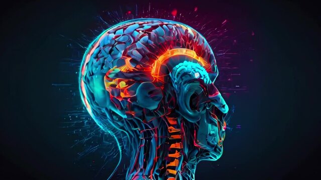 The brain is depicted as a mass of blue and purple folds, with a yellow-orange glow in the center. The spinal cord is depicted as a long, thin tube that extends down from the brain