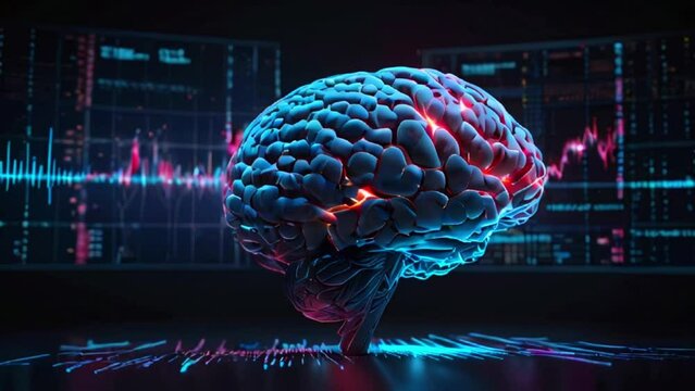 A human brain. It is blue and has a glowing red area on the right side. There are circuit board-like patterns in the background, and a graph with red and blue lines