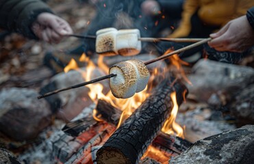 Fototapeta premium Roasting Marshmallows Over a Campfire on a Cold Night
