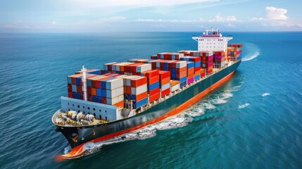 Fototapeta premium container ship in import export and business logistic.By crane ,Trade Port , Shipping.cargo to harbor.Aerial view.Water transport.International.Shell Marine.Top view. 