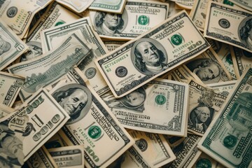 Closeup view of various denominations of us currency scattered randomly