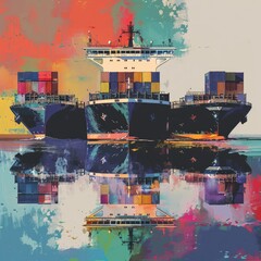 Obraz premium Logistics container ship in international commerce flat design side view business theme water color Triadic Color Scheme Job