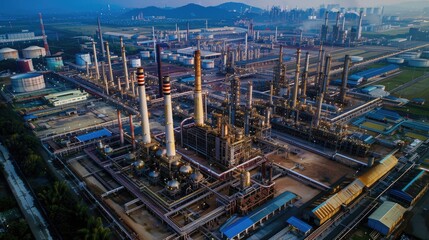 Aerial view Oil refinery. with a background of the sea and sky. The factory is located in the middle of nature and no emissions. The area around the air pure. Top view.	