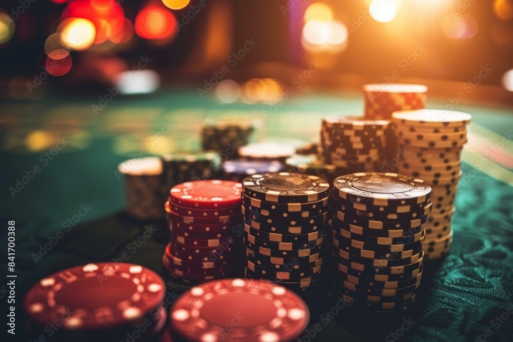 Poster Stacks of multicolored poker chips on a casino table with a blurred background