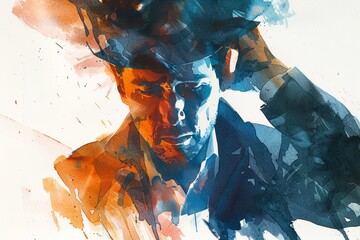 An artistic watercolor illustration of a detective experiencing vertigo while examining clues at a crime scene, depicted with expressive brushwork and contrasting colors