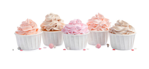 Tasty cupcakes with cream and sprinkles isolated on white