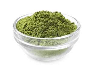 Green matcha powder in bowl isolated on white