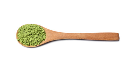 Spoon of green matcha powder isolated on white, top view