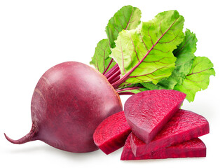 Red beetroot and beetroot slices on white background. File contains clipping paths.
