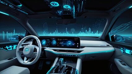 The video shows the inside of a futuristic car with a steering wheel, a digital dashboard, and a large curved screen that spans the width of the dashboard.