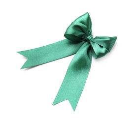 Green satin ribbon bow isolated on white, top view