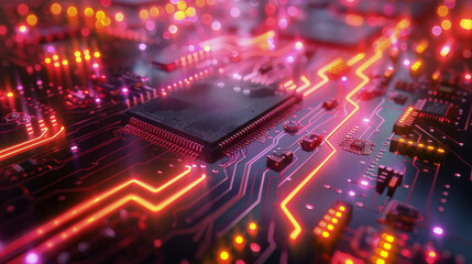 Obraz premium Close Up of a Circuit Board With Glowing Red Wires