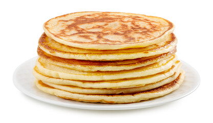 Stack of pancakes on white plate. File contains clipping path.