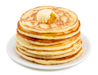 Stack of pancakes with butter swirl on top. File contains clipping path.