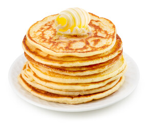 Stack of pancakes with butter swirl on top. File contains clipping path.