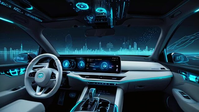 The video shows the inside of a futuristic car with a steering wheel, a digital dashboard, and a large curved screen that spans the width of the dashboard.