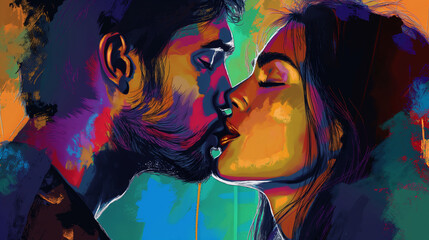 Naklejka premium A painting of two people kissing with a colorful background. Passionate kiss between charming handsome lovers. Colorfull image of loving couple. Cropped close up profile. Digital art