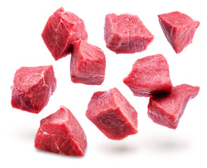 Different diced beef cuts levitating in air on white background. File contains clipping paths.