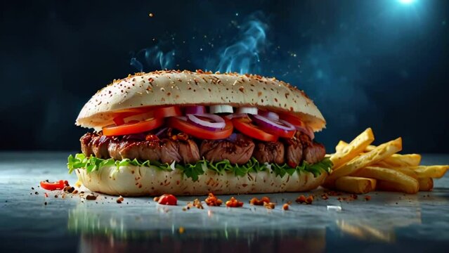 There is a steak sandwich with a sesame bun, lettuce, tomato, and onion on a table. There is also a pile of French fries next to the sandwich