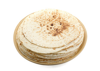 Stack of tasty homemade tortillas isolated on white
