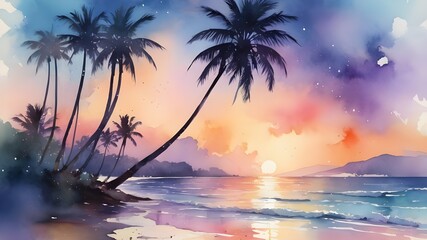 A quiet beach scene with waves gently lapping at the shore and palm silhouettes against a twilight sky, watercolor still life, wet splatter, dilution, color spectrum, soft edges, dreamy Generative AI