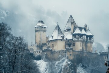 Naklejka premium Majestic castle amidst a tranquil snowy setting, evoking a fairytale atmosphere