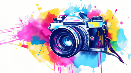 A colorful camera with a colorful background. The camera is the main focus of the image. A vibrant and lively atmosphere. Spray Paint Graffiti Camera Photography icon with white background