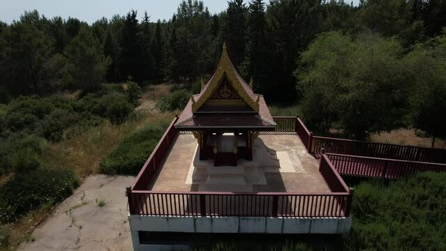 Aerial Panning Shot Of Famous Buddhist Temple , Ben Shemen Forest, Israel