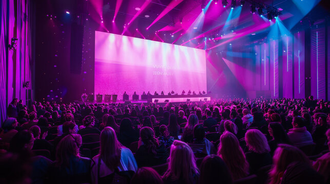 A large audience gathers at a conference with vibrant lighting, colorful stage effects, and engaging presentations in a modern venue.