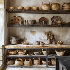 Fototapeta premium This image depicts a rustic countryside African kitchen, featuring mud walls, a thatched roof, and a traditional cooking hearth. The simple yet charming space reflects a deep connection to nature