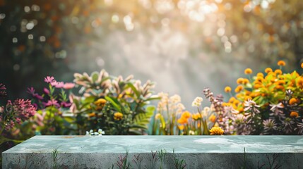 Blank product display podium with garden flowers field meadow on background. Beauty skincare cosmetics presentation. Organic natural concept
