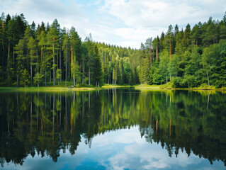 Obraz premium Beautiful photography summer mid-European landscape with forest view and crystal clear lake, concept of tourism, outdoor recreation, fishing, beautiful lake and forest view