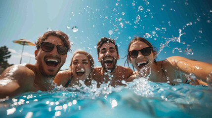 Four friends having fun and splashing water in an outdoor pool, capturing a joyful summer moment under the sun.