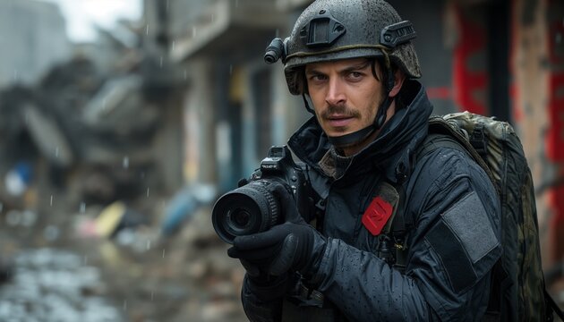 War correspondent with camera in conflict zone