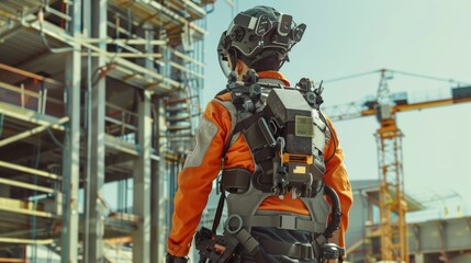 A person using a wearable exoskeleton for mobility, demonstrating the technology's capability to enhance physical movement and its potential use in industrial and construction settings