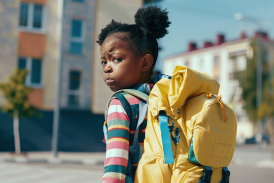 African American little girl with a backpack on her back. First day at school. Back to school.