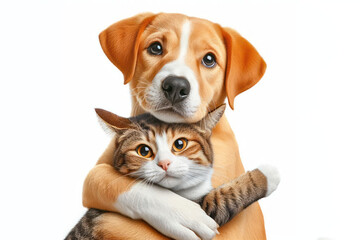 Funny dog and cat hugging, animal friendship Isolated on white background