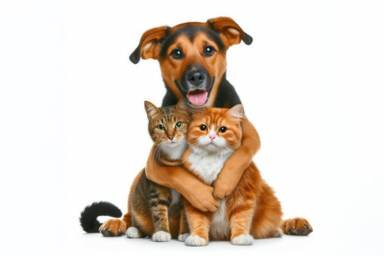 Funny dog and cat hugging, animal friendship Isolated on white background