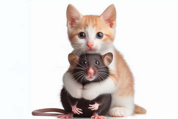 Obraz premium Funny mouse and cat hugging, animal friendship Isolated on white background