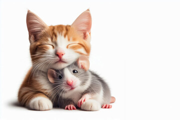 Fototapeta premium Funny mouse and cat hugging, animal friendship Isolated on white background