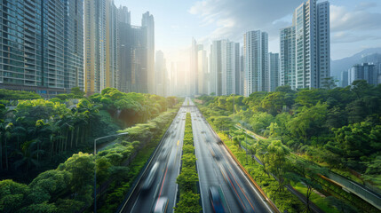 Fototapeta premium A busy highway runs through a lush green forest amidst tall modern skyscrapers, showcasing urban development and nature's harmony.